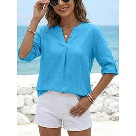 Women's Cotton Linen Shirts Blouse Buttons Solid Color Plain Vacation Daily Stylish Long Sleeve V Neck Long Tops Casual Daily Blue Khaki Yellow Orange Summer S