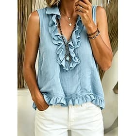 Femmes Chemise Chemise Bohème Chemise Décontractée Froncé A Volants Couleur Unie Uni Élégant Bohème Vacances Sans manches Col en V Hauts Longs Occasionnel Quot