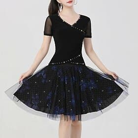 Jupe de danse papillon bleue pour femme - jupe en tulle à strass scintillants pour danse de salon, latine, swing - jupe de scène évasée noire à étoiles