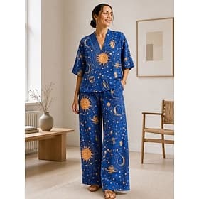 Femmes Chemise Ensembles de Pantalons Demi Manches Col en V Graphique Géométrique Imprimé Vacances Mode Streetwear Occasionnel Quotidien Extérieur Bleu Violet