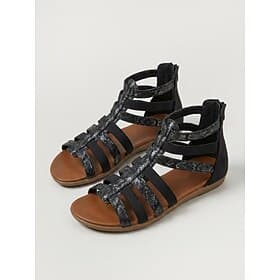 Sandales gladiateur noires pour femmes – sandales plates confortables à brides, avec brides élastiques tressées, fermeture éclair à l'arrière, semelle intérieu