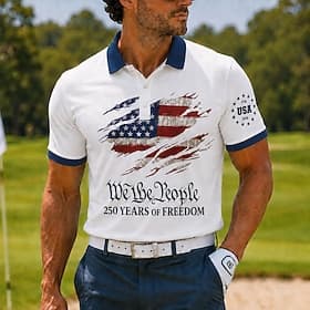4th of July 2026 250th Men's American Flag Sports Polo Shirts Short Sleeve Polo Shirts Collared Shirts Casual Athleisure 3D Print Buttons Breathable Mesh Sprin