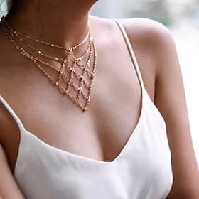 Collier Strass Zircon Femmes Élégant Frange à pompons Superposé Géométrique Colliers Tendance Pour Soirée