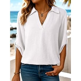 Femmes Chemisier Couleur Unie Élégant Occasionnel manche longue Col en V Hauts Réguliers Occasionnel Quotidien Bleu Blanche Noir Abricot Été Printemps