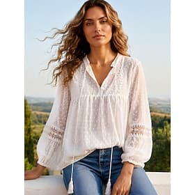 Femmes Chemisier Texture Dentelle Uni Élégant Occasionnel manche longue Col en V Hauts Réguliers Occasionnel Quotidien Blanche Été Printemps