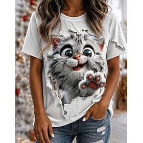 Femmes T-shirt Bloc de Couleur Imprimé Graphique Animal Chat ancien Élégant Classique Manche Courte Col ras du cou Col rond Hauts Réguliers Occasionnel Quotidi